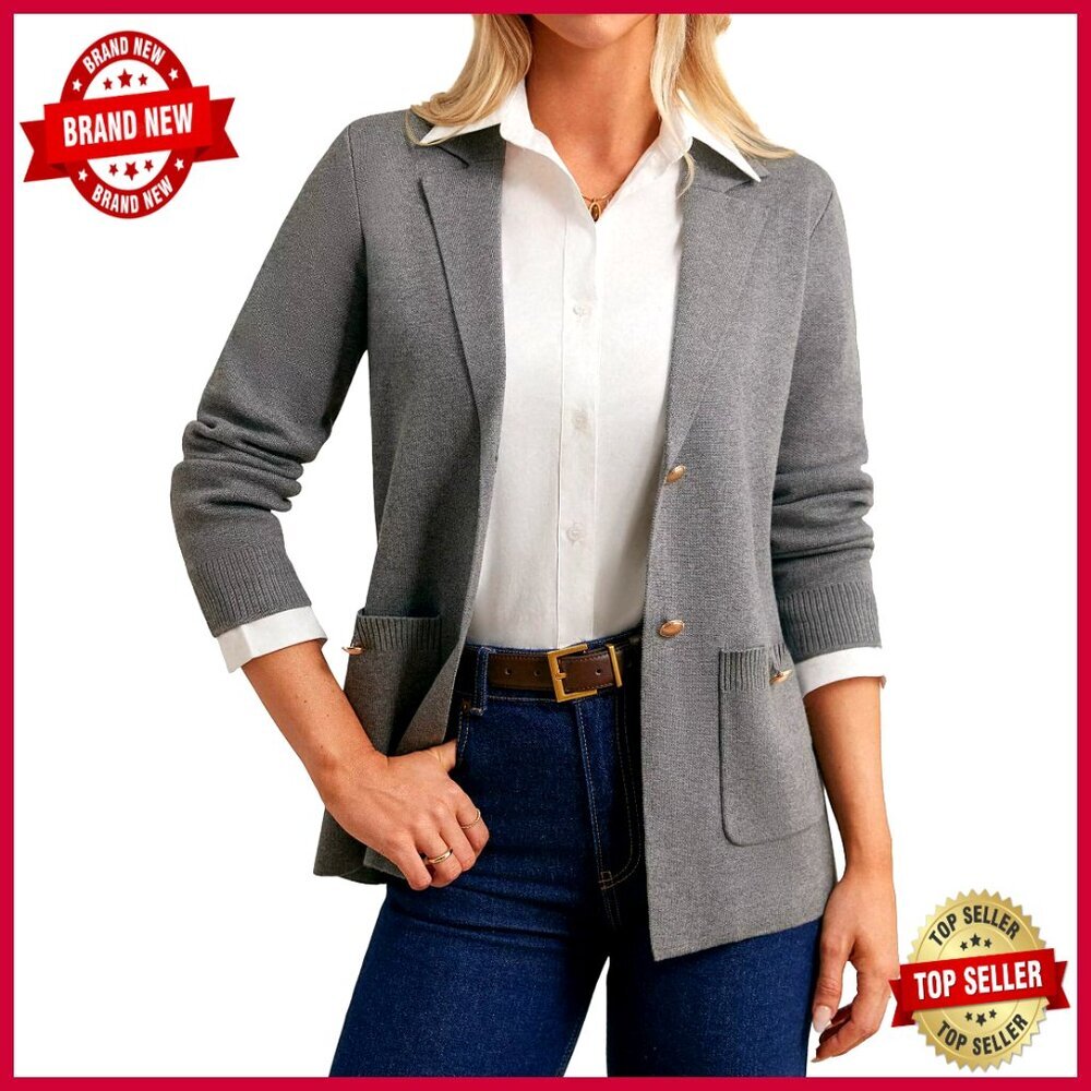 Women's Stretch Knit Blazer With Pockets, Business Casual Cardigan Jacket